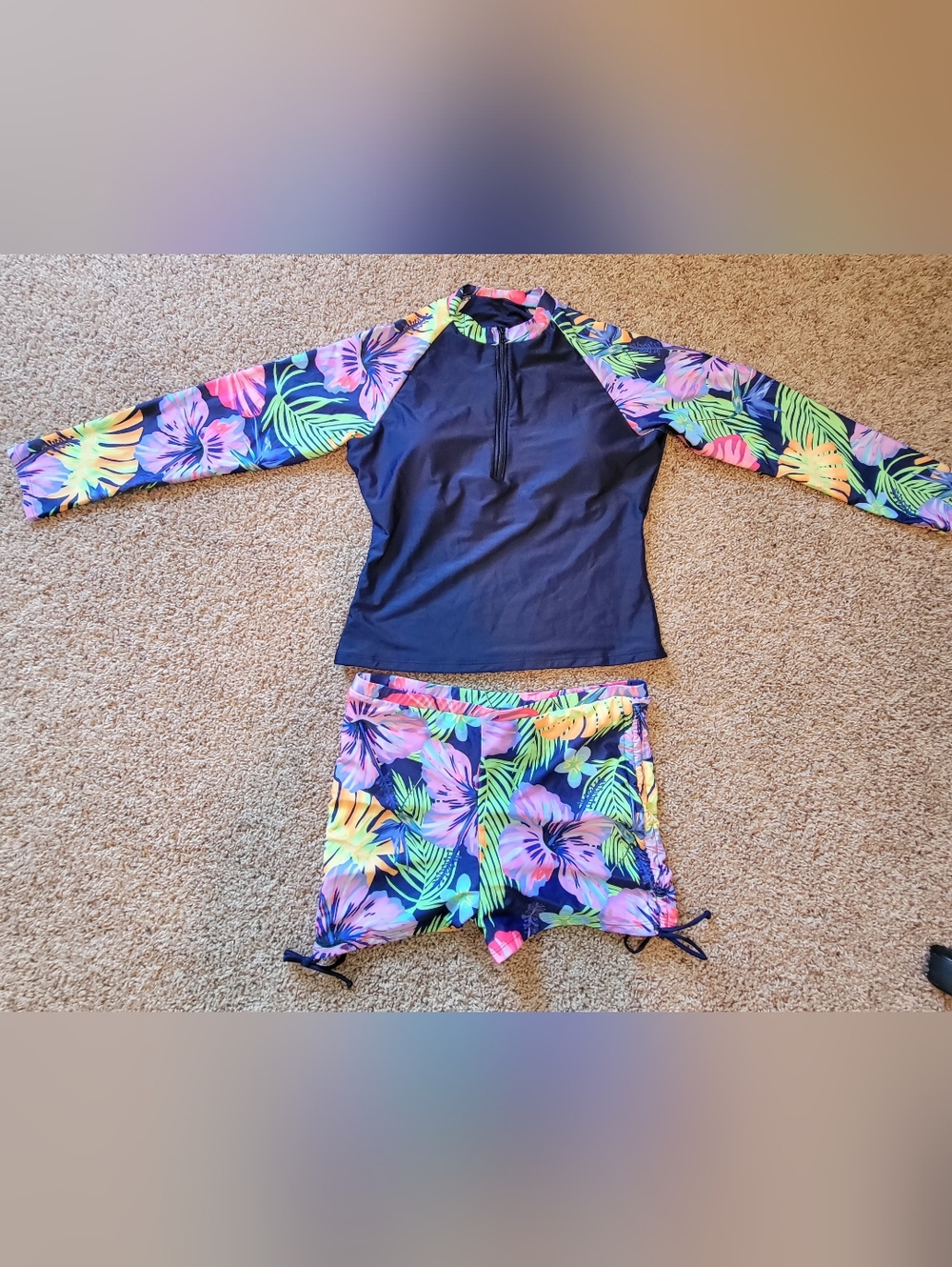 Womens Navy Rash Guard Set with Tropical Floral Shorts